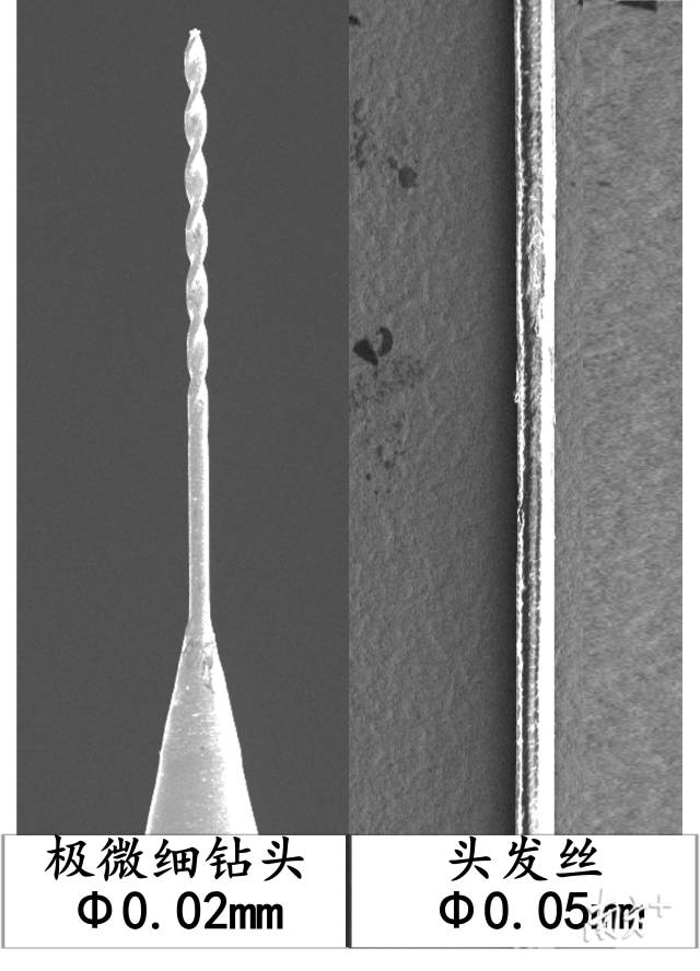 团队研发的极微细钻头，直径小于头发丝一半